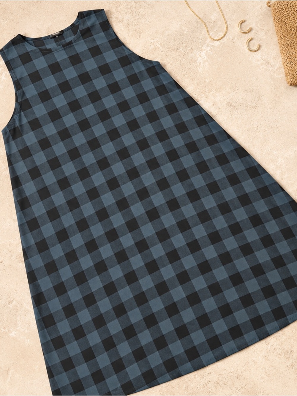 NWOT Eileen Fisher Blue Black Check Silk Sleeveless Midi Dress | S/P